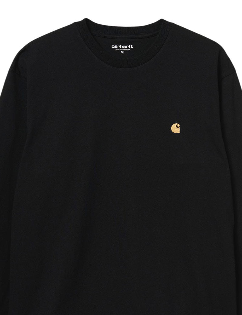 Carhartt Wip Chase Long Sleeve T-Shirt Black Gold Embroidered Logo