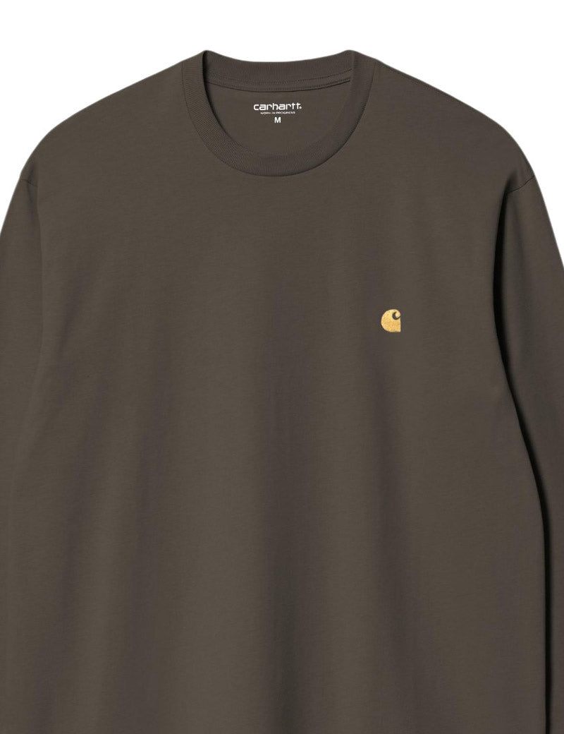 Carhartt Wip Chase L/S T-Shirt Shungite Gold Embroidered Logo