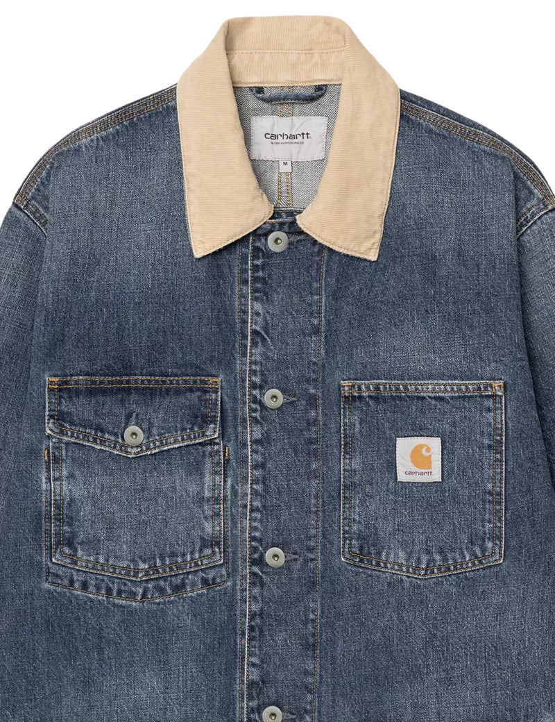 Carhartt WIP Warren Chore Coat Denim Blue, Dusty H Brown, Dark Used Wash Collar & pocket detail