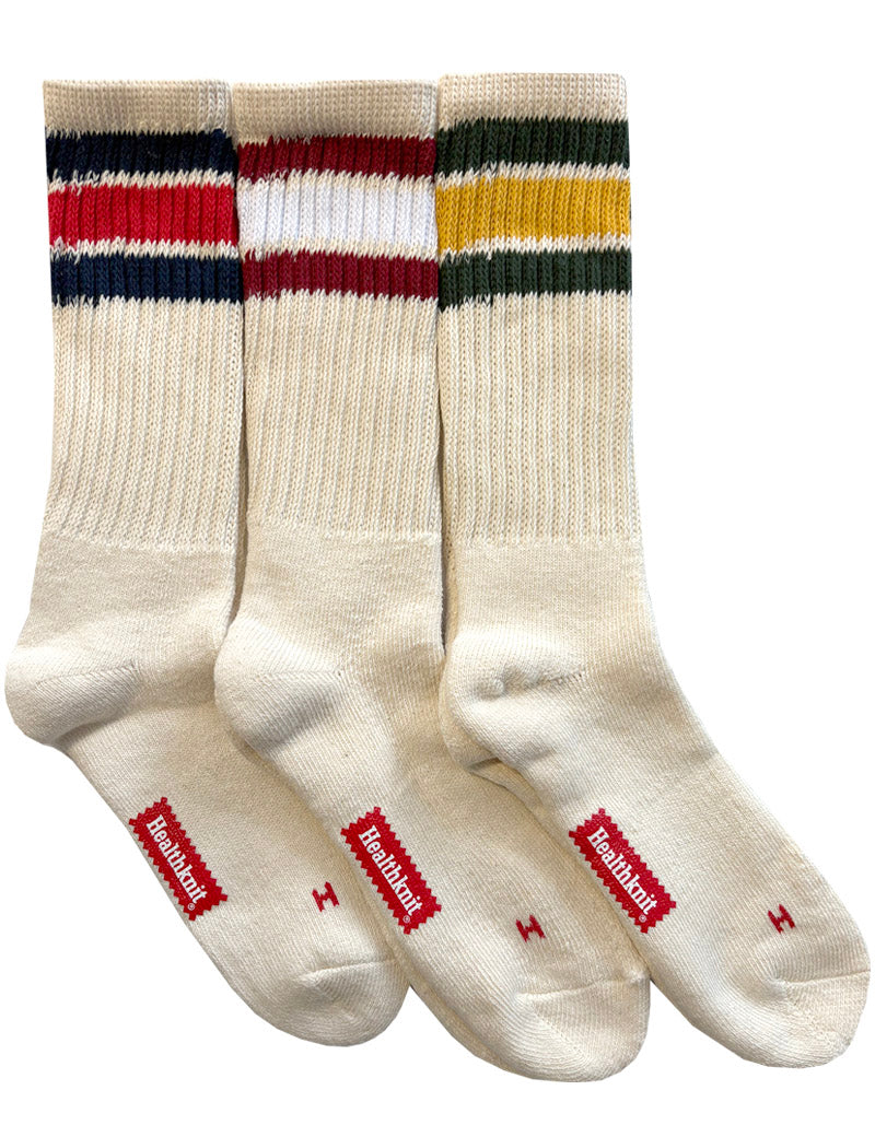 Healthknit 3 Pack Crew Socks Off-White Multi Stripe