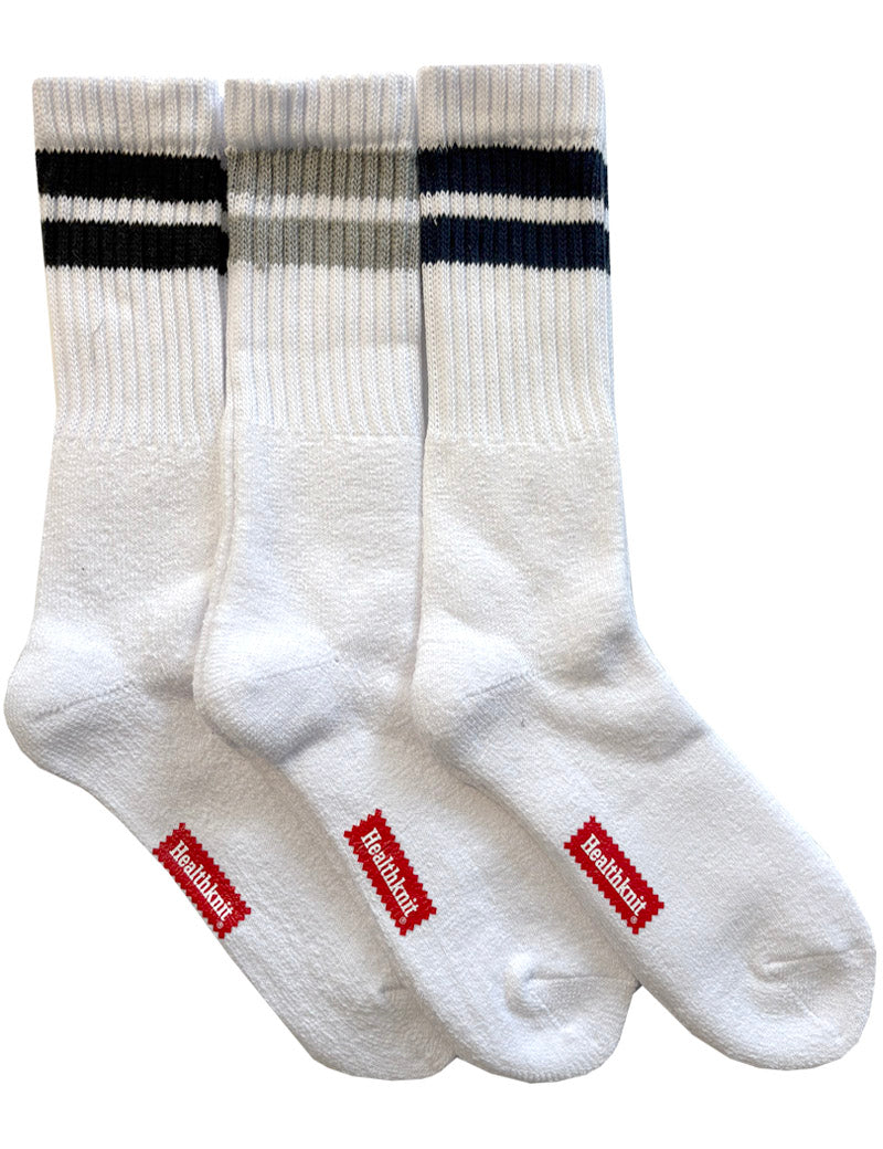 Healthknit 3 Pack Crew Socks White Classic Stripe