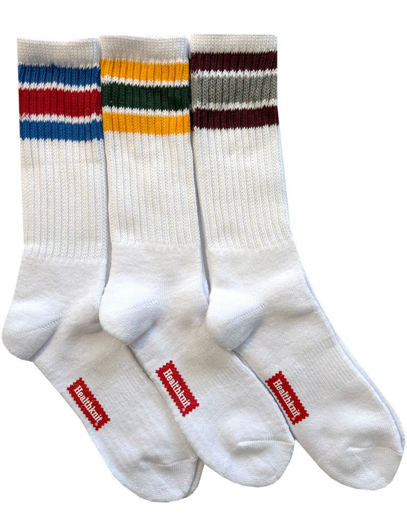 Healthknit 3 Pack Crew Socks White Multi Stripe