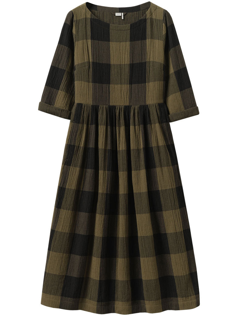 TOAST Freya Crinkle Cotton Macro Gingham Dress Olive Black