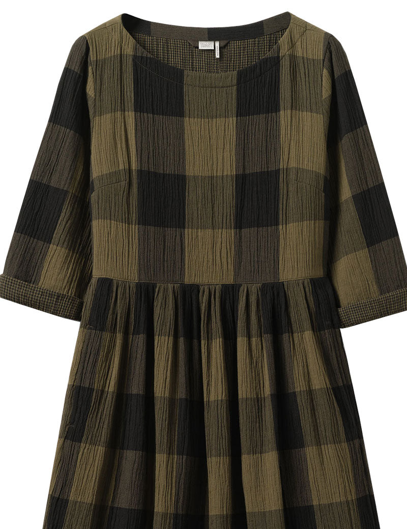 TOAST Freya Crinkle Cotton Macro Gingham Dress Olive Black