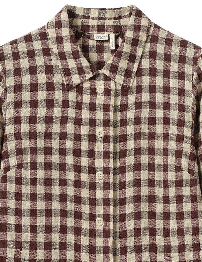 Toast Check Cotton Linen Cotton Shirt Dress Dark Chocolate Ecru Collar Detail