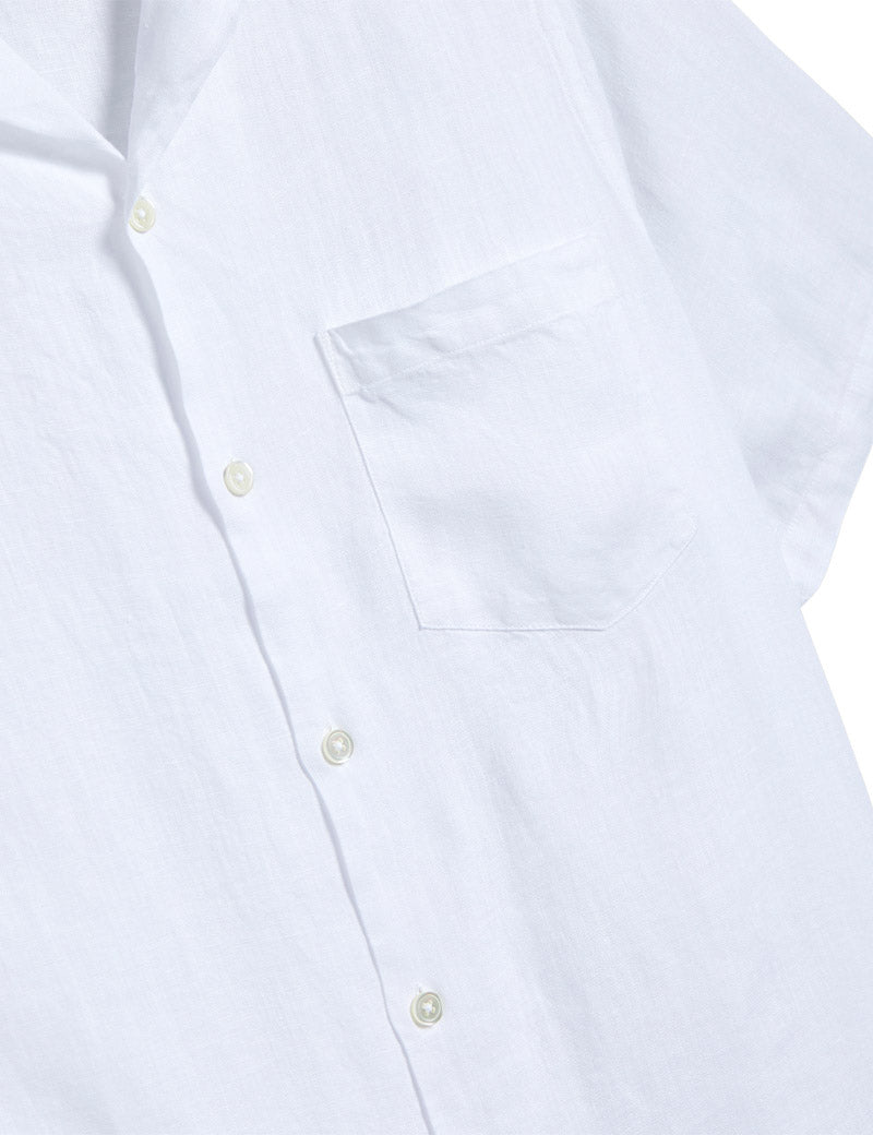 Portuguese Flannel Linen Camp Collar Short Sleeve Shirt White Pocket Detail