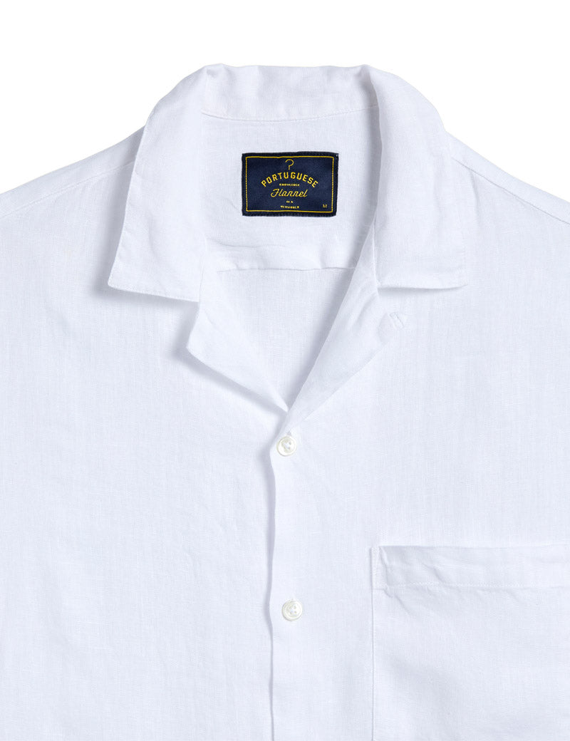 Portuguese Flannel Linen Camp Collar Short Sleeve Shirt White Collar Detail