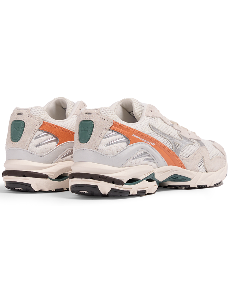 Mizuno Wave Rider 10 Trainers Snow White, Dawn Blue, Sun Baked Angled View