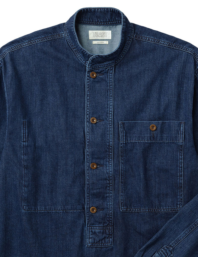 Toast Grandad Collar Half Placket Denim Shirt Indigo Pocket Detail