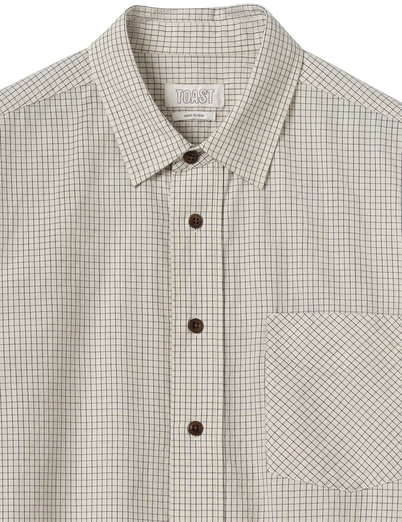 Toast Counter Check Cotton Shirt Ecru Provence Blue Collar & Pocket Detail