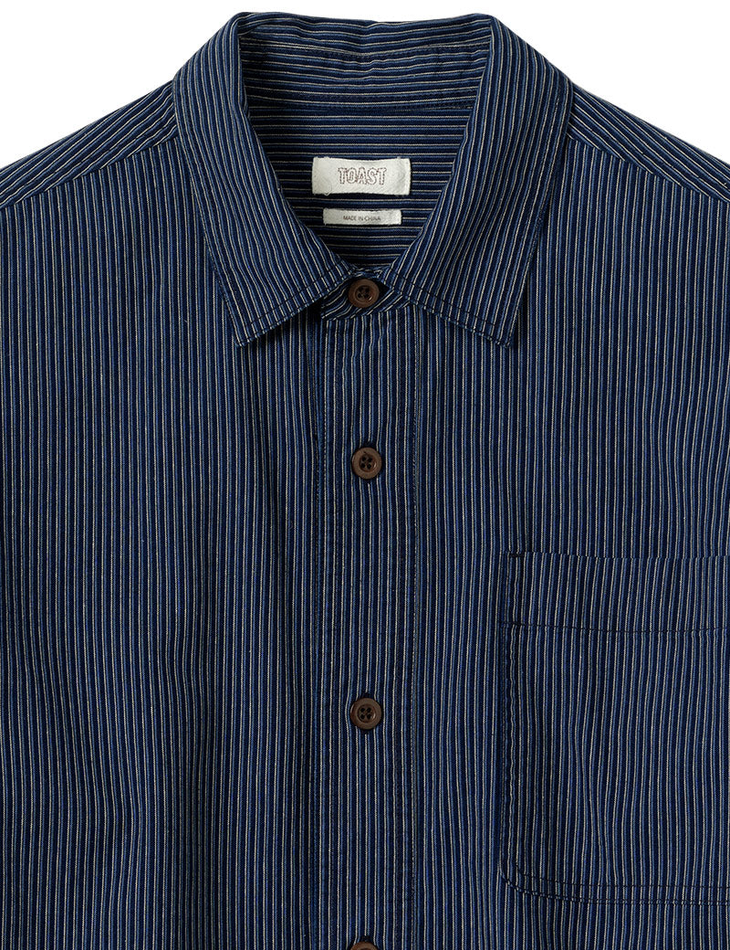 Toast Railroad Stripe Cotton Shirt Denim Blue Collar 