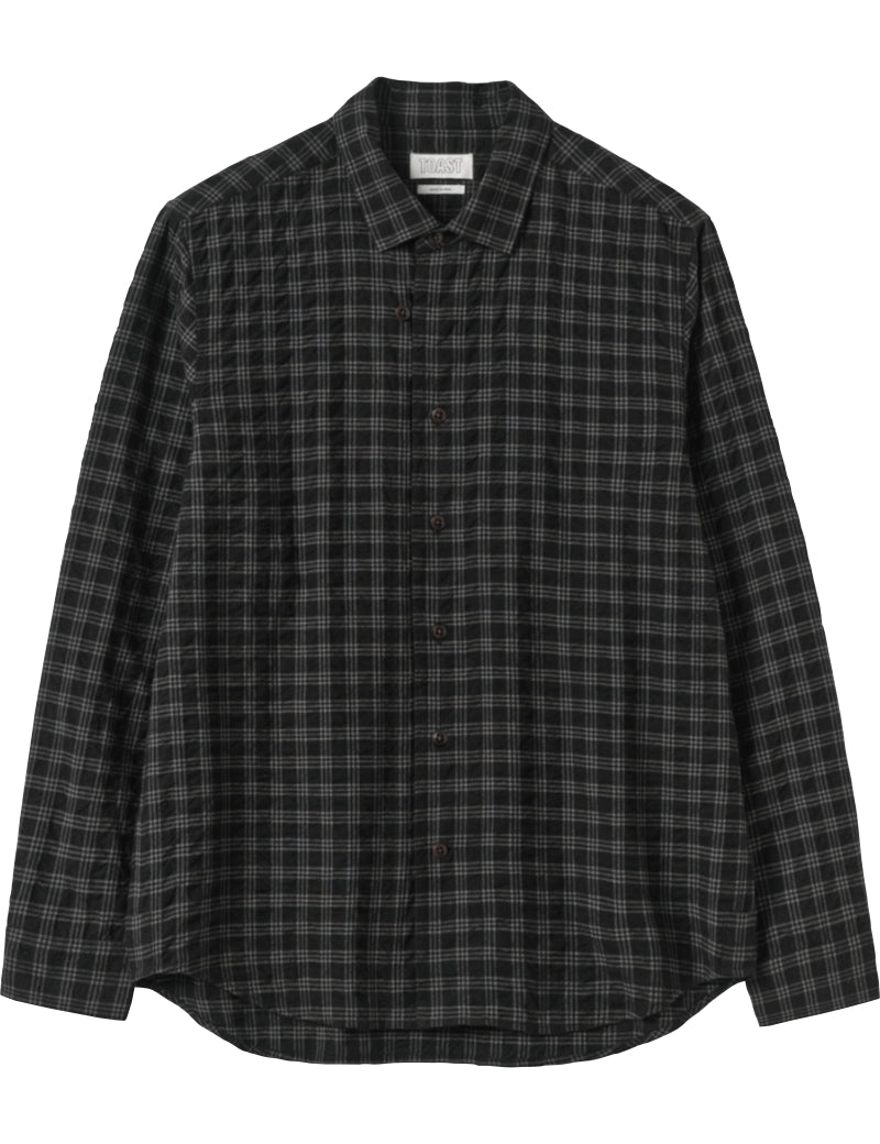 Toast Loop Button Check Cotton Wool Shirt Dark Charcoal Black