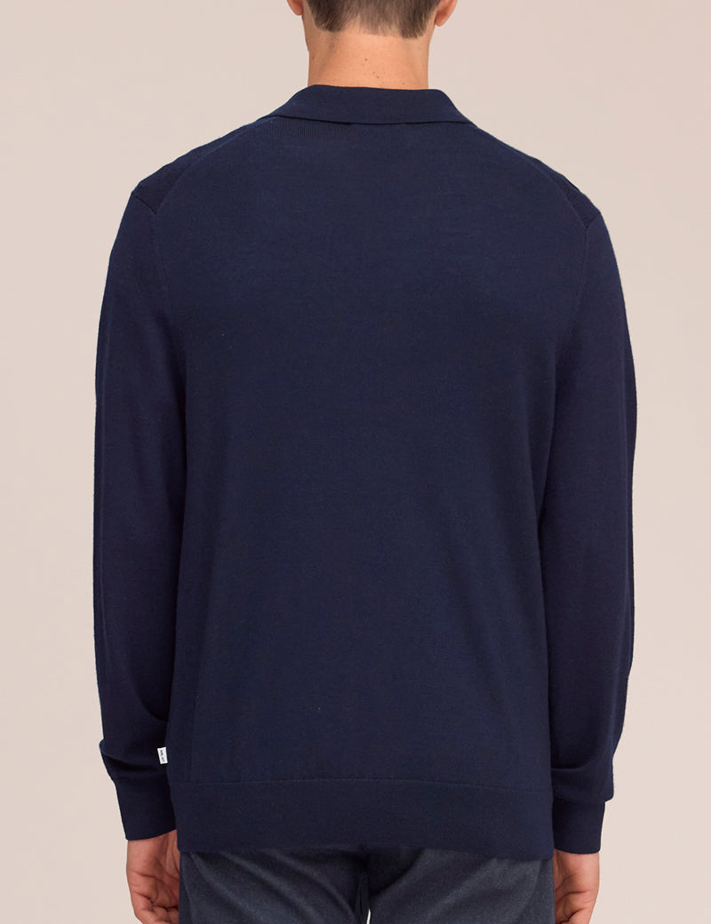 NN07 Emerson Wool Polo Navy Blue On Model Back