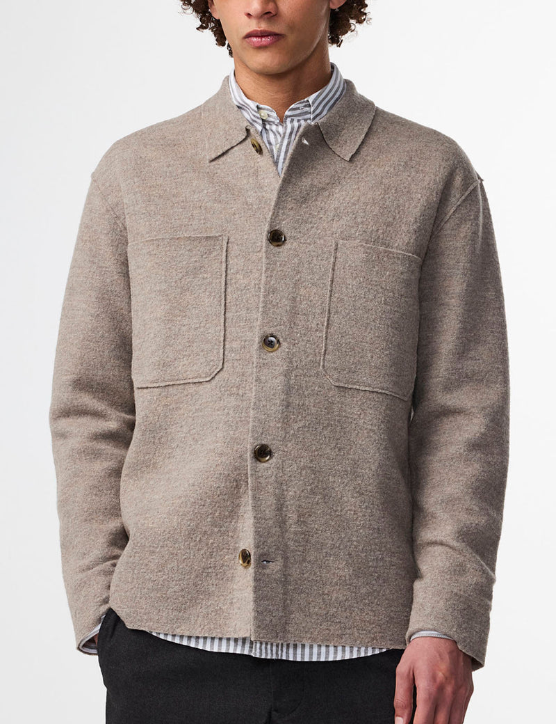 NN07 Jonas Boiled Merino Wool Overshirt Khaki Beige On Model Front