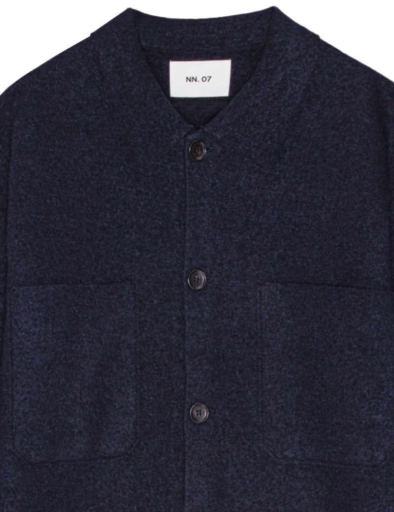 NN07 Jonas Boiled Merino Wool Overshirt Navy Blue Collar