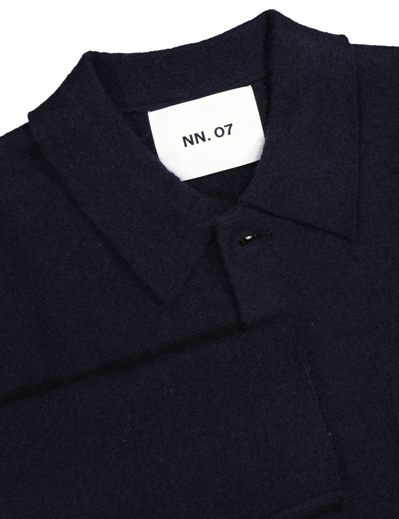 NN07 Jonas Boiled Merino Wool Overshirt Navy Blue Collar & Cuff Detail