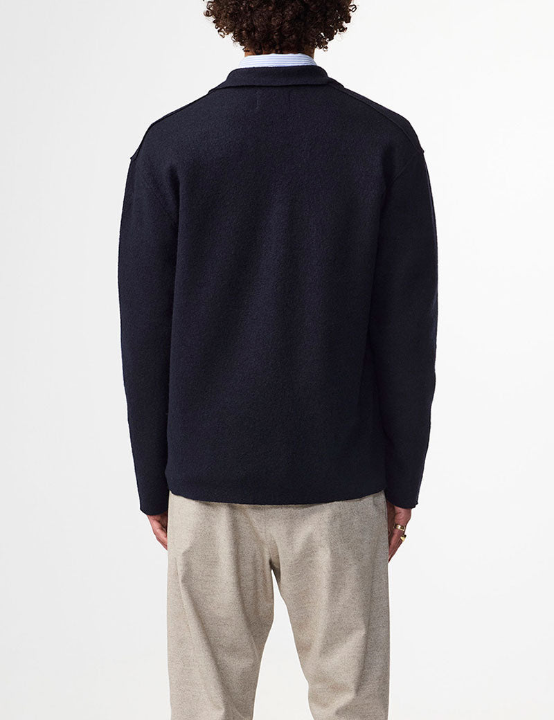 NN07 Jonas Boiled Merino Wool Overshirt Navy Blue On Model Back