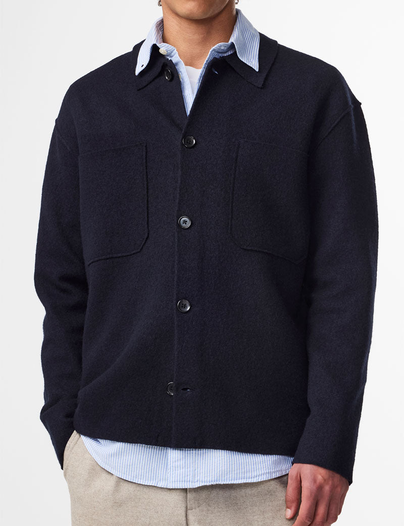 NN07 Jonas Boiled Merino Wool Overshirt Navy Blue On Model Front