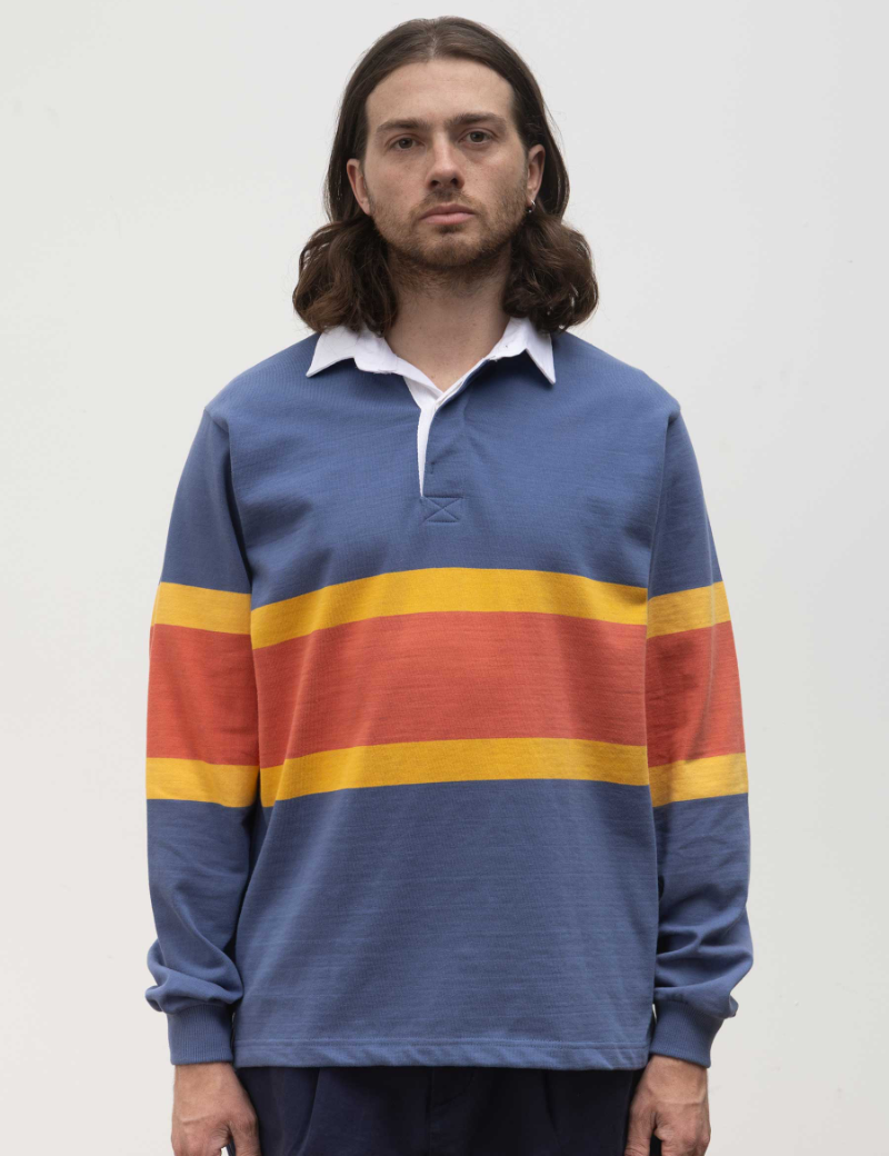 Opensider Classic Rugby Shirt Blue Tri-Stripe On Model