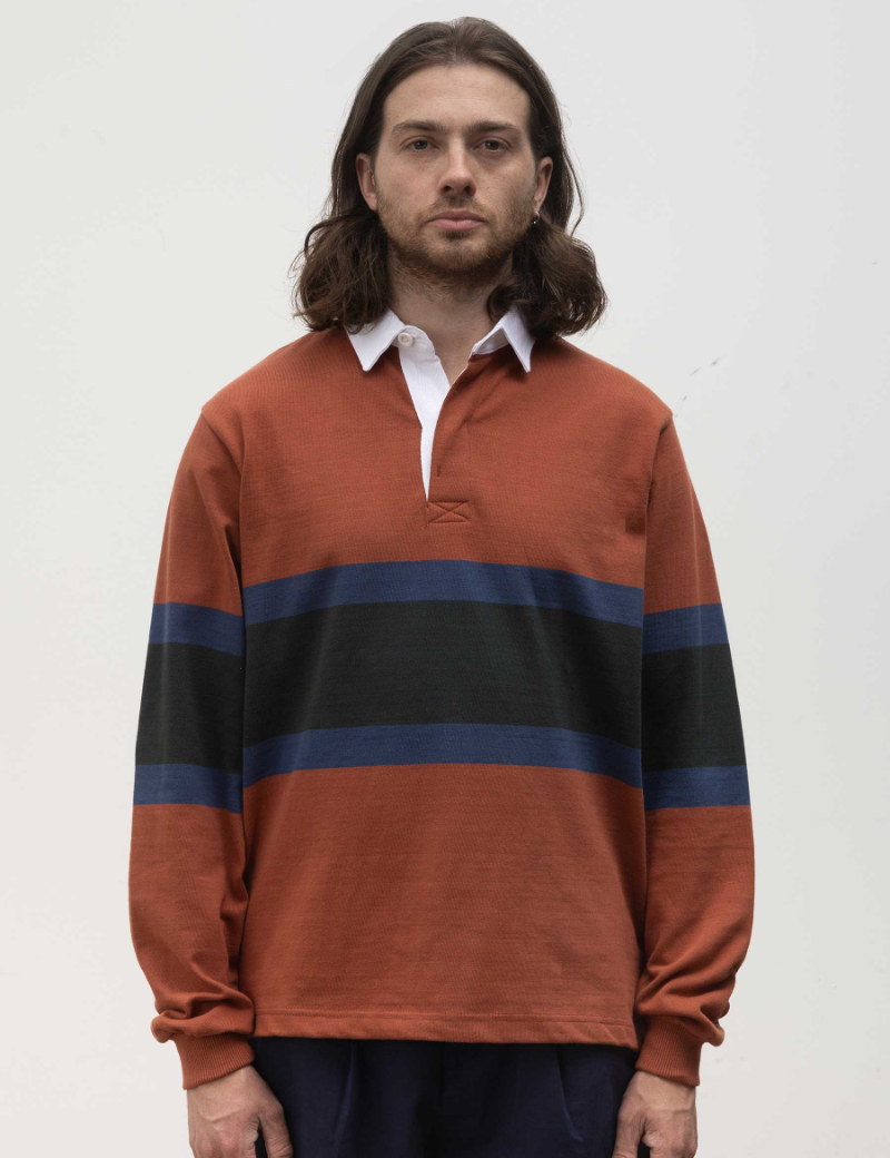 Opensider Classic Rugby Shirt Clay Tri-Stripe On Model