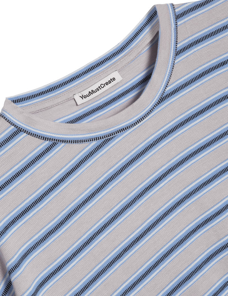 YMC Triple Rapport Stripe T-Shirt Blue Multi Collar Detail