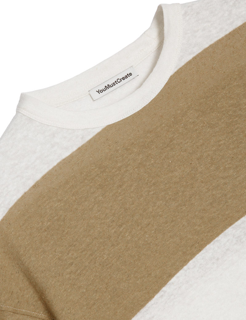 YMC Triple T-Shirt Wide Stripe Taupe, Off White Detail View