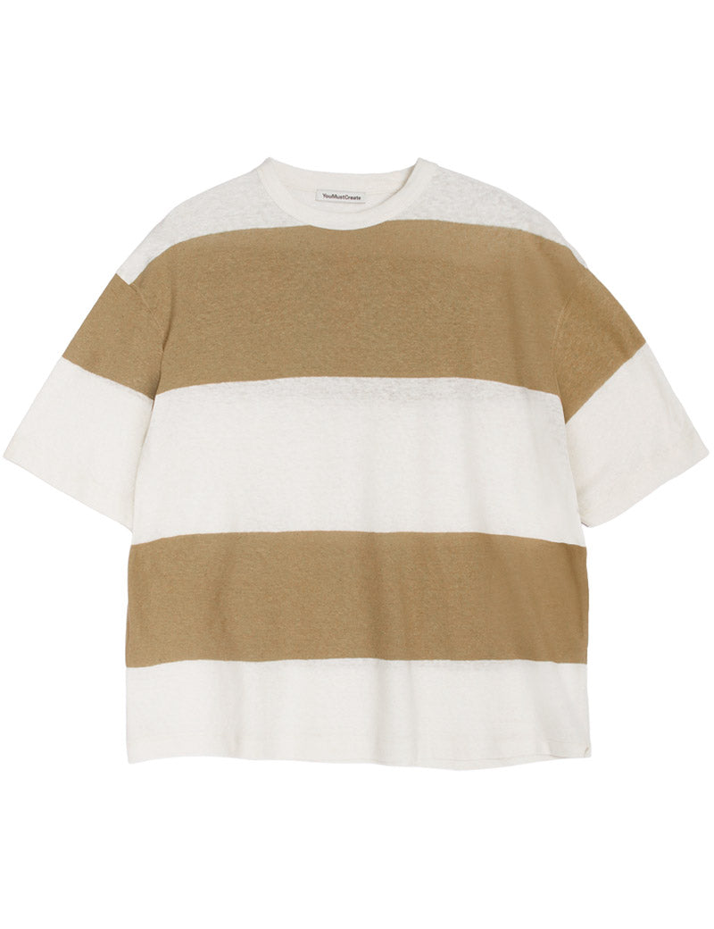 YMC Triple T-Shirt Wide Stripe Taupe, Off White