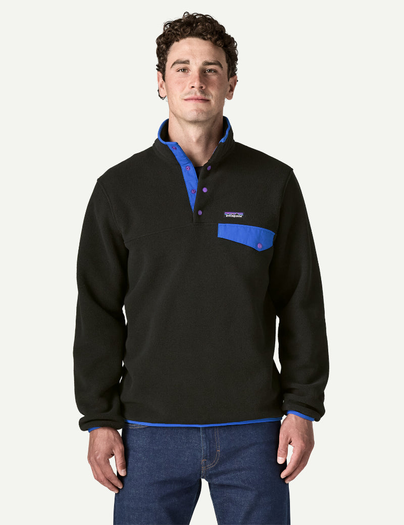 Patagonia Men's Lightweight Synch Snap-T Pullover Black & P6 Blue On Model Front