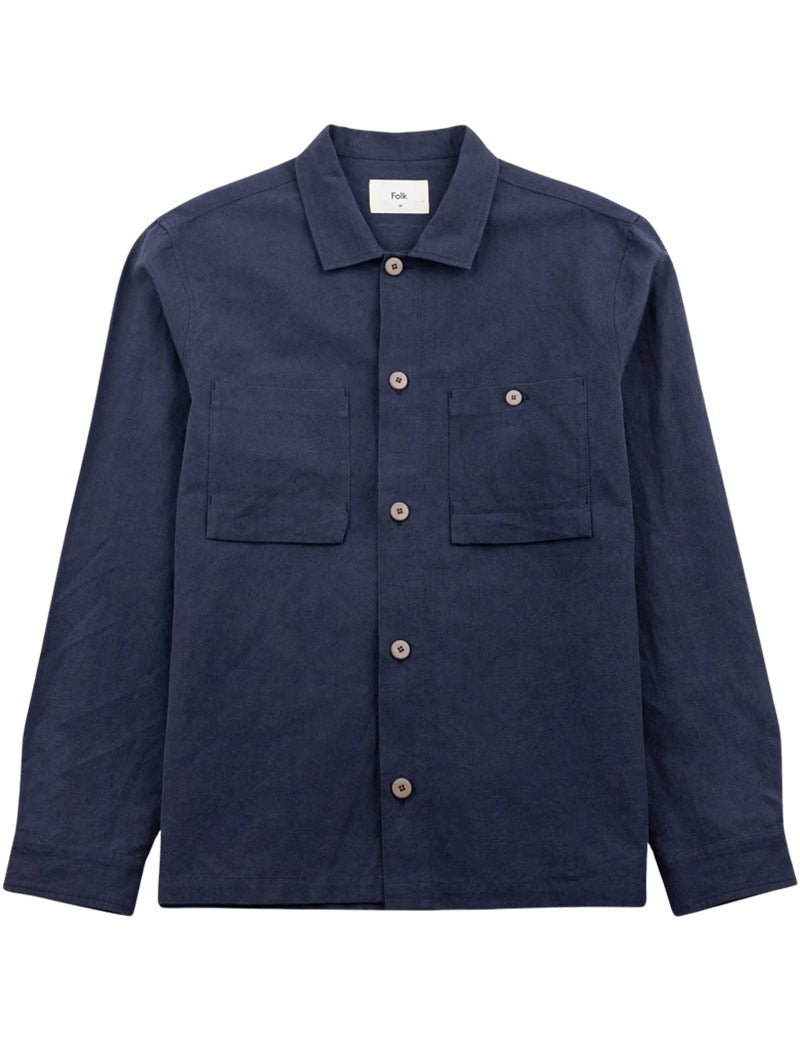 Folk Patch Overshirt Dark Navy Slub Linen