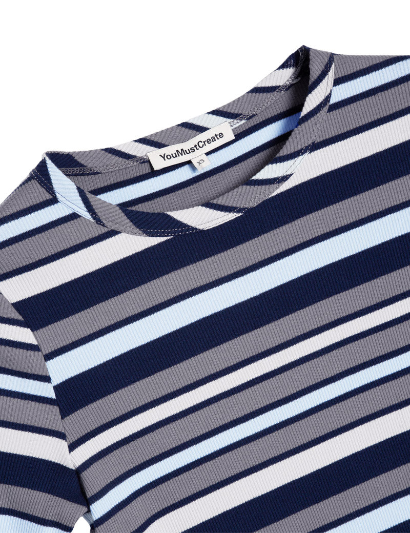 YMC Charlotte Stripe T-Shirt Blue Multi Collar Detail