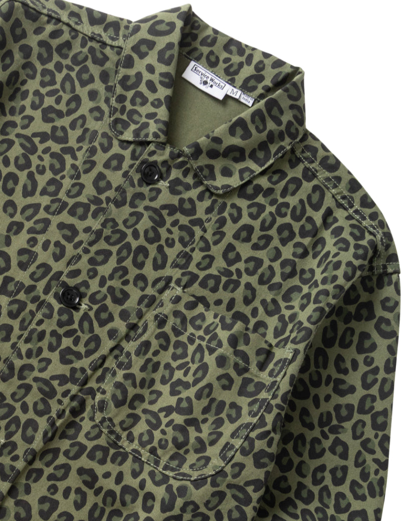 Service Works Patterned Easy Chef Shirt Green Leopard Collar