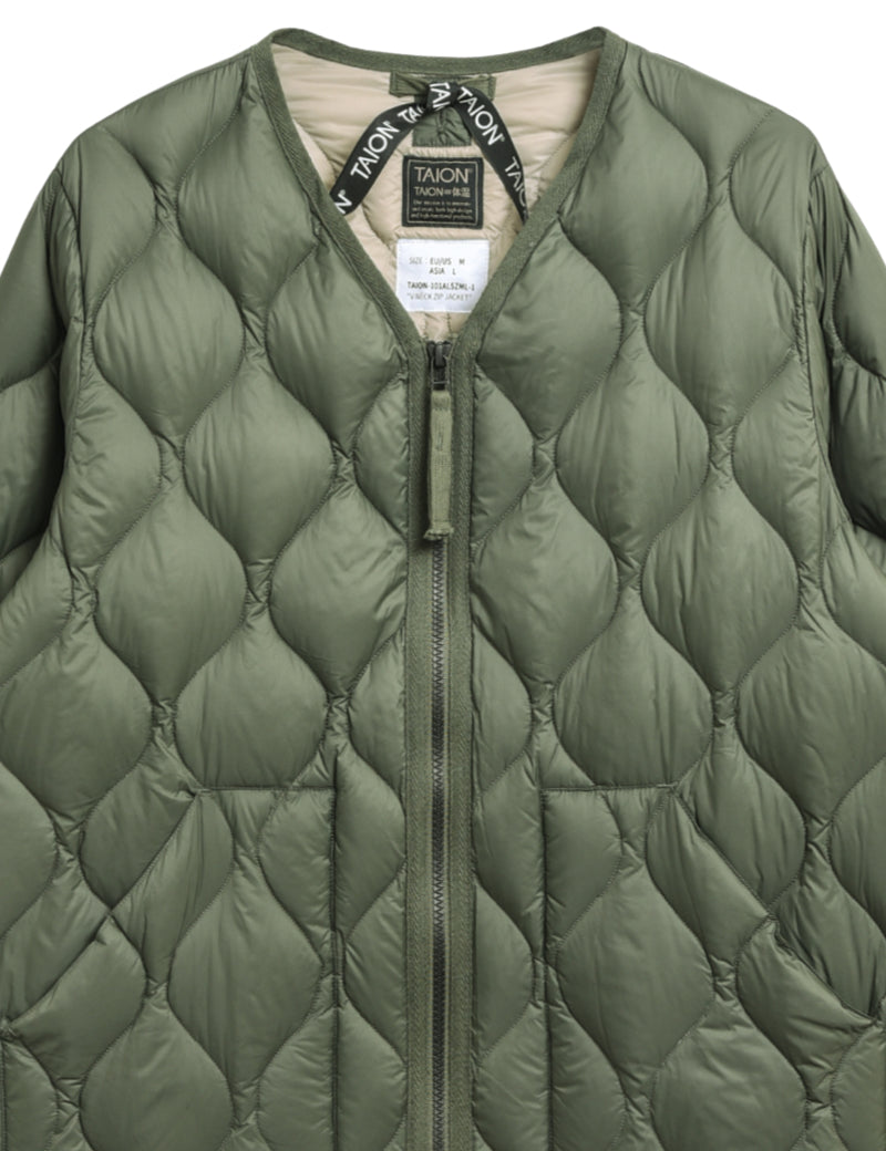 Taion Military V Neck W-Zip Down Jacket Olive Collar Detail