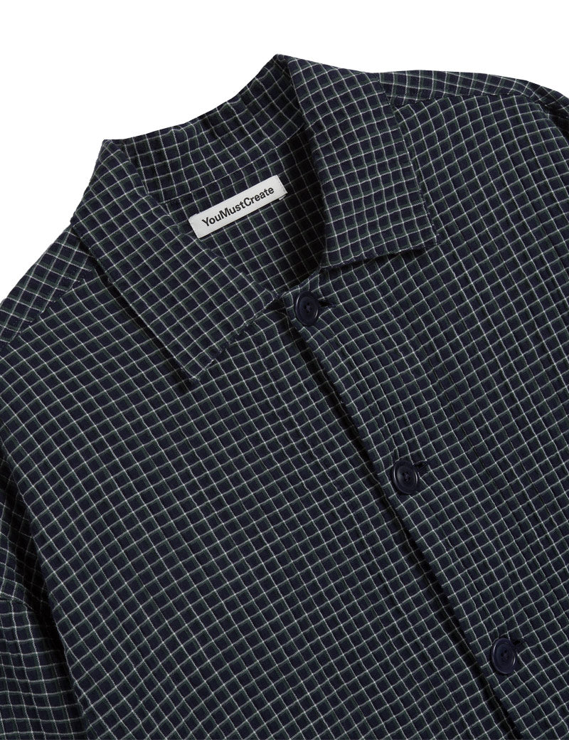 YMC PJ Shirt Waffle Check Navy Collar Detail