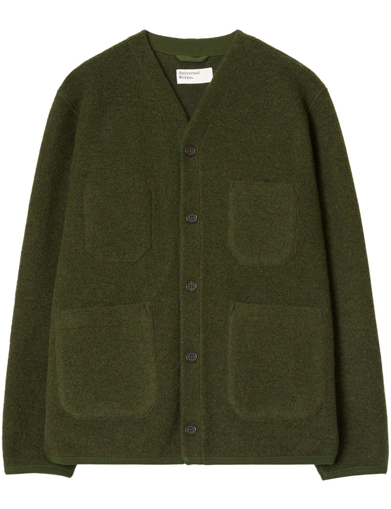 Universal Works Cardigan Wool Fleece Olive Front