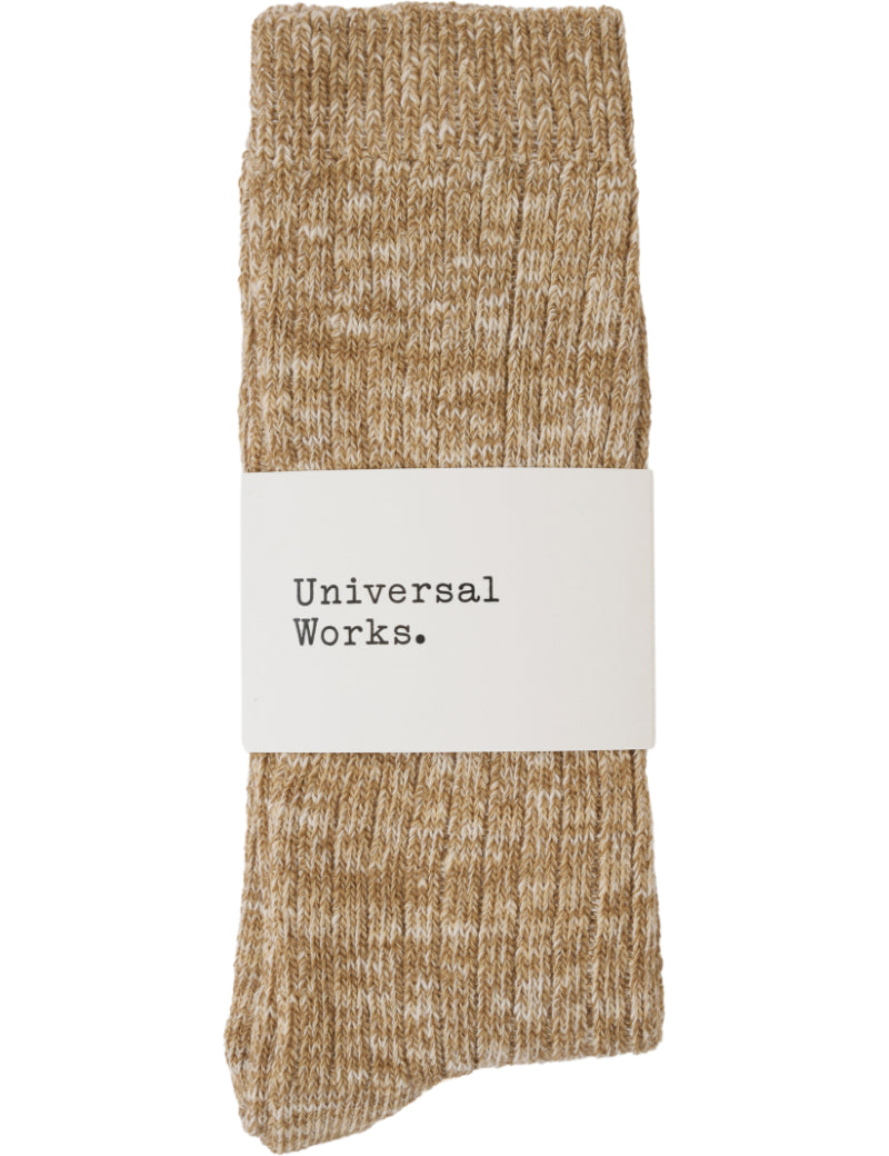 Universal Works Slub Socks Dark Sand Knit Packaged