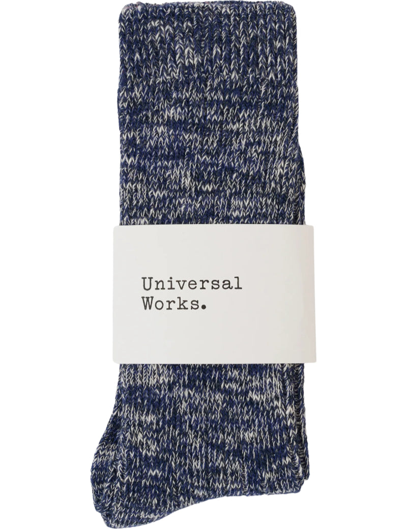Universal Works Slub Socks Navy Knit Packaged