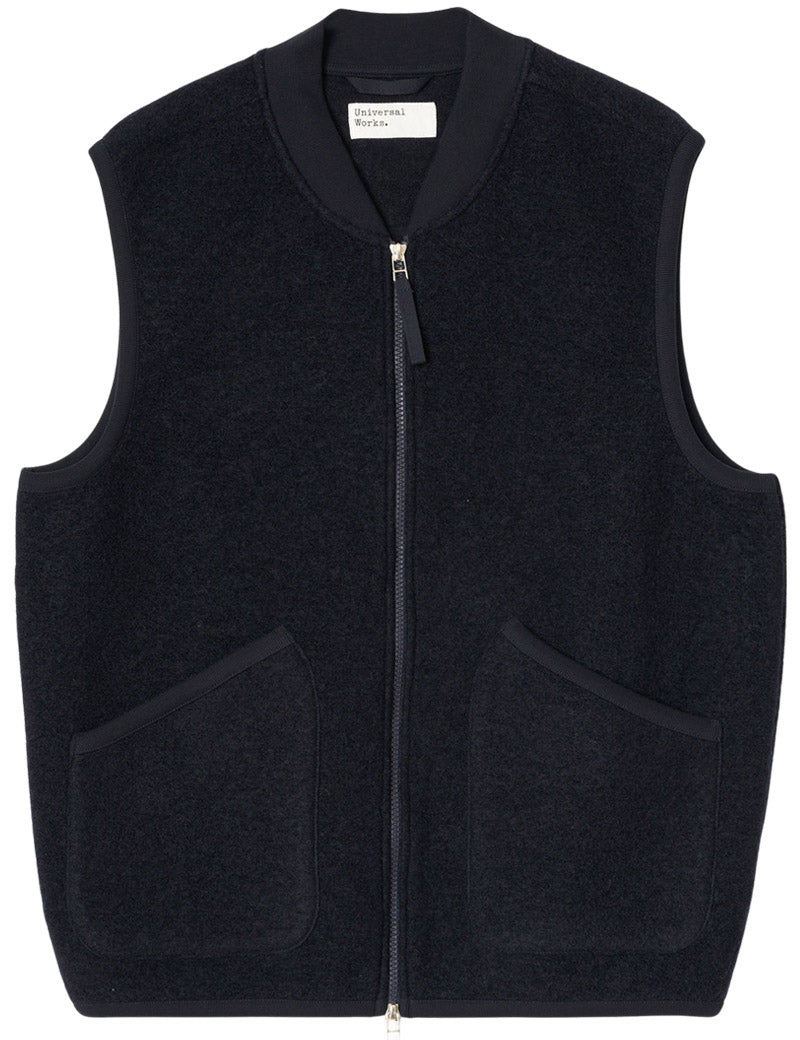 Universal Works Zip Waistcoat Wool Fleece Navy Front