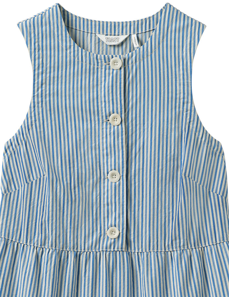 Toast Pleated Candy Stripe Pleated Cotton Dress Ocean Blue Ecru