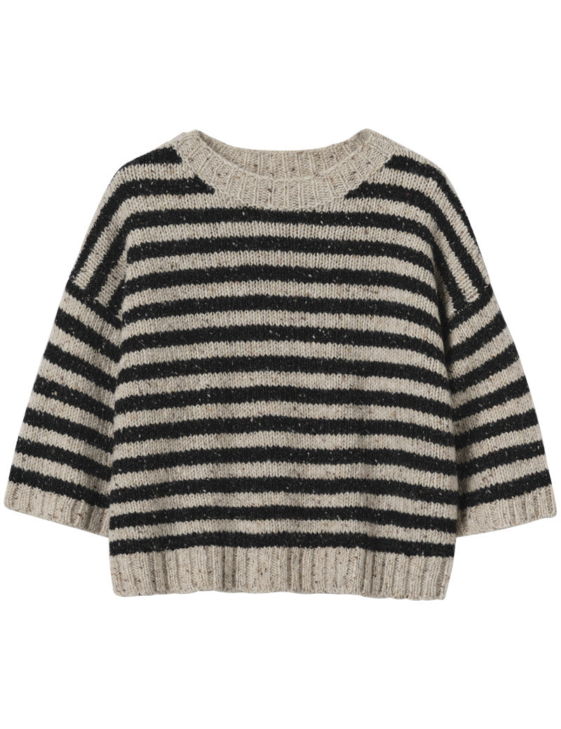 Toast Stripe Donegal Short Sleeve Sweater Soft Black Oatmeal Front