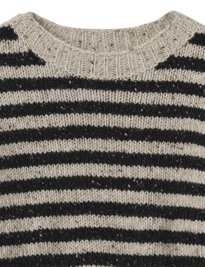 Toast Stripe Donegal Short Sleeve Sweater Soft Black Oatmeal Collar Detail
