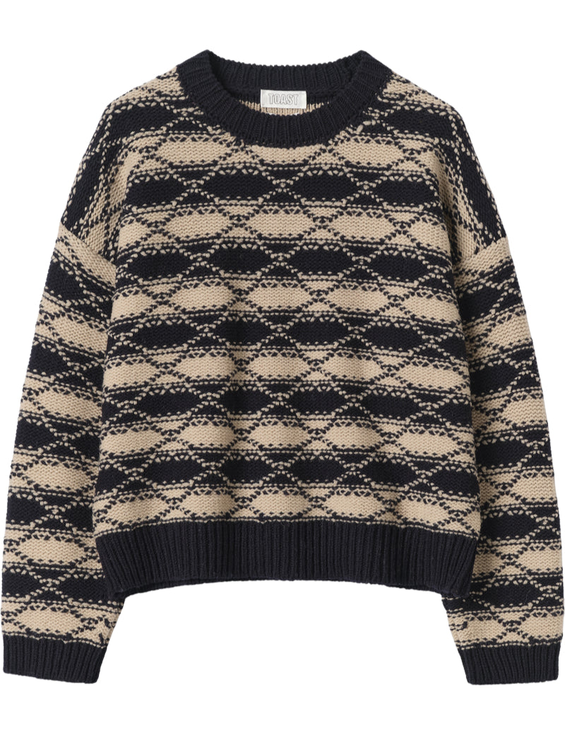 Toast Jacquard Stripe Wool Sweater Navy Ecru