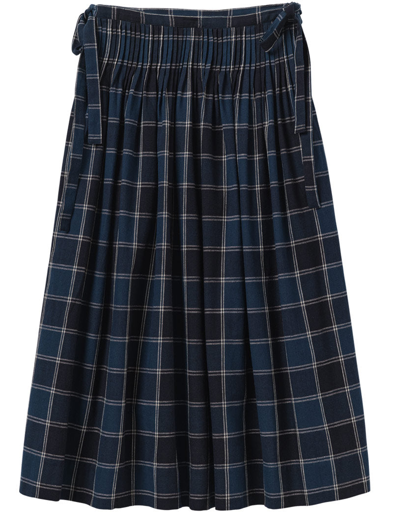 Toast Market Check Pleated Cotton Linen Skirt Denim Blue | Uniform