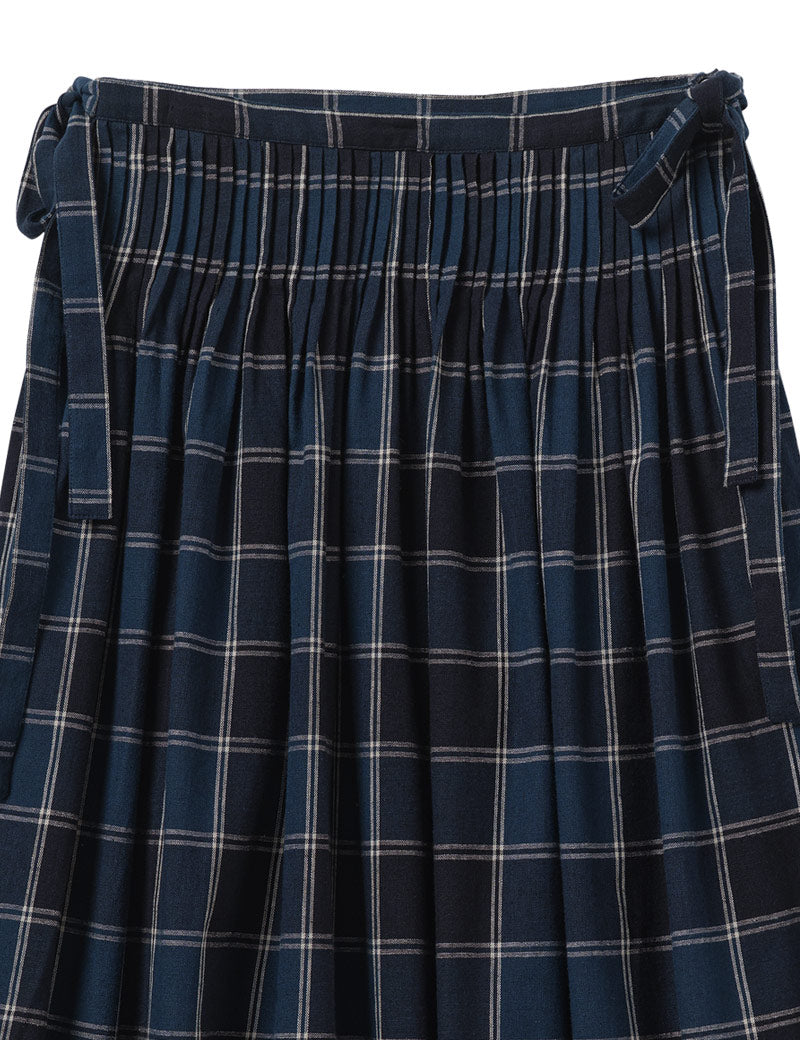 Toast Market Check Pleated Cotton Linen Skirt Waist Ties