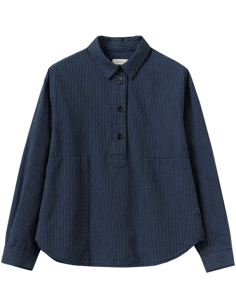 Toast Railroad Stripe Popover Smock Shirt Denim Blue Front