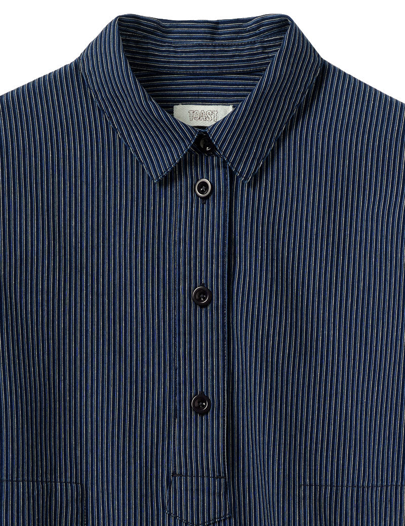 Toast Railroad Stripe Popover Smock Shirt Denim Blue Placket Detail