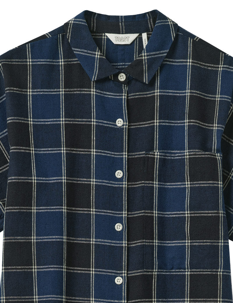 Toast Market Check Cotton Linen Shirt Denim Blue Collar Detail