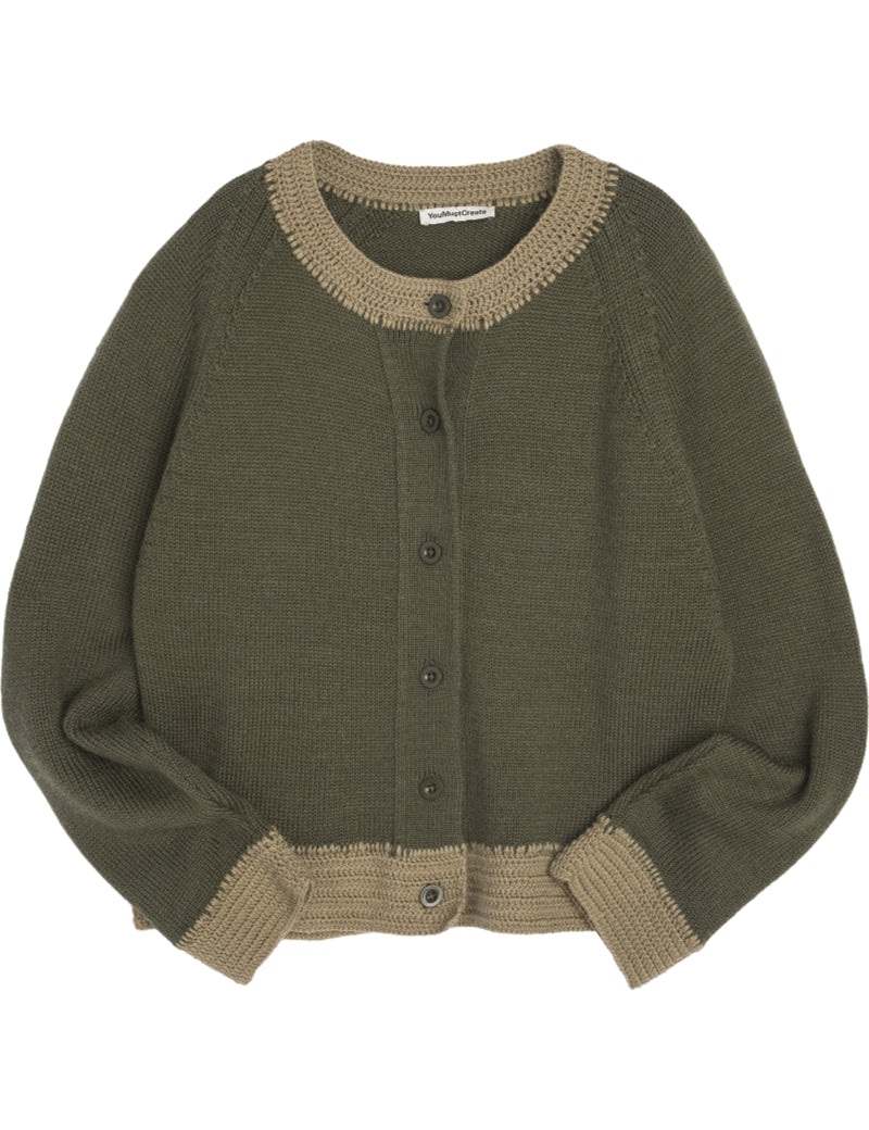 YMC Atomic Cardigan Dark Green & Taupe Front