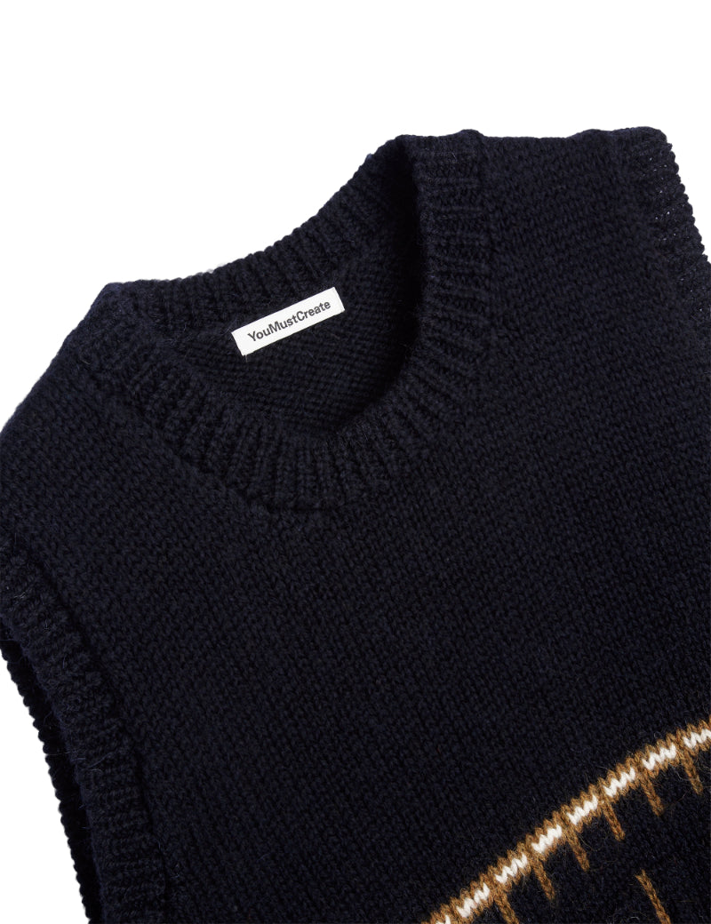 YMC Coda Knit Vest Navy, Multi Collar