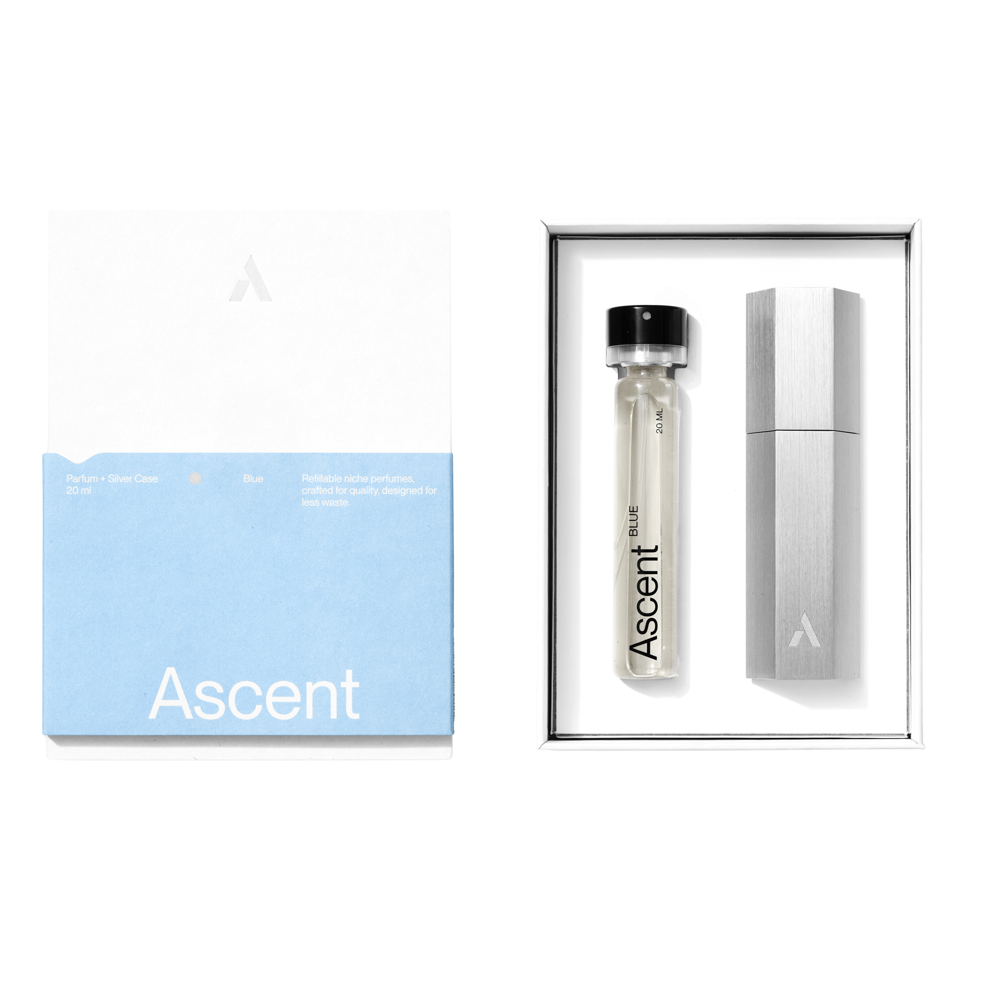 Ascent Blue Parfum Starter Kit Silver Case Opened Box
