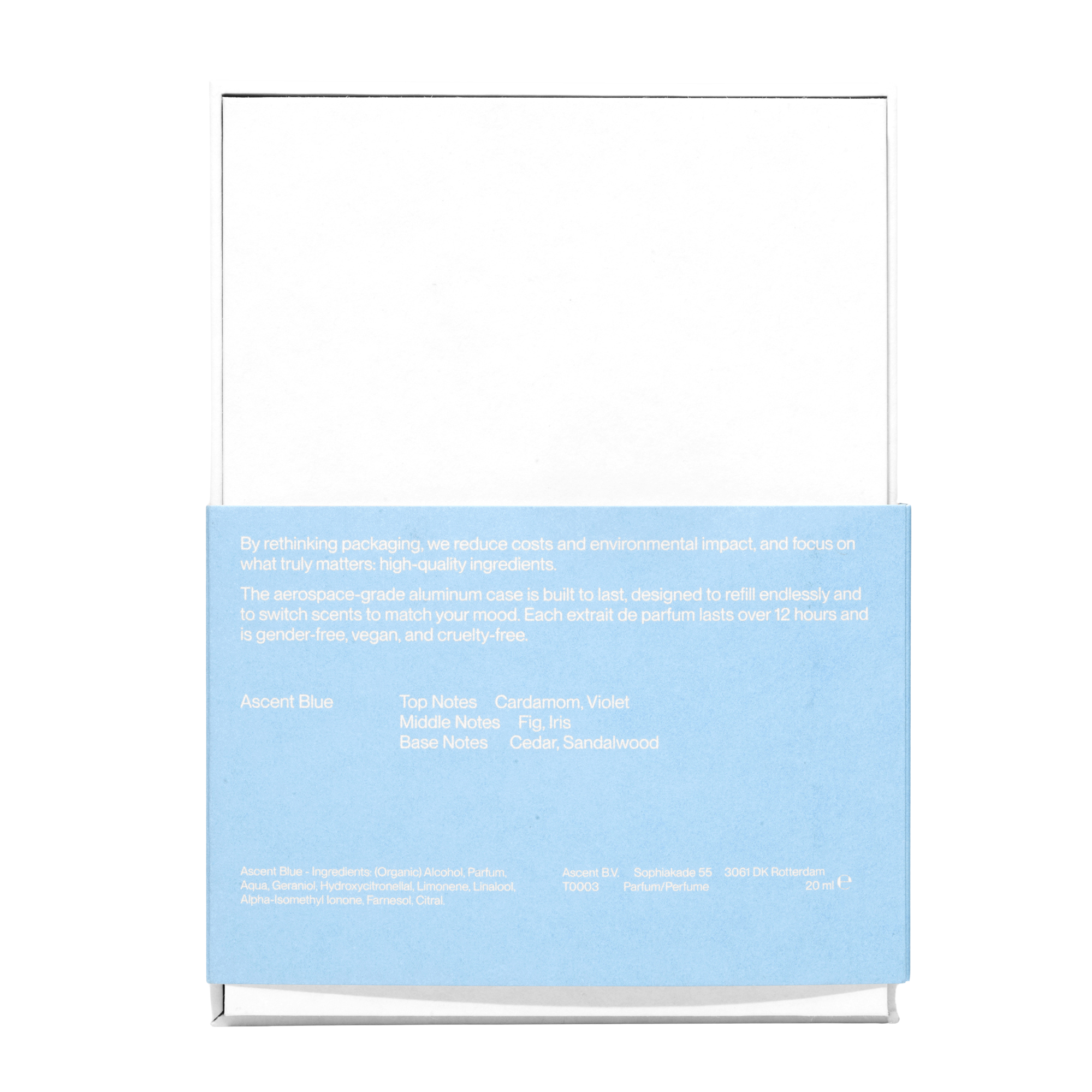 Ascent Blue Parfum Starter Kit Silver Case Box back
